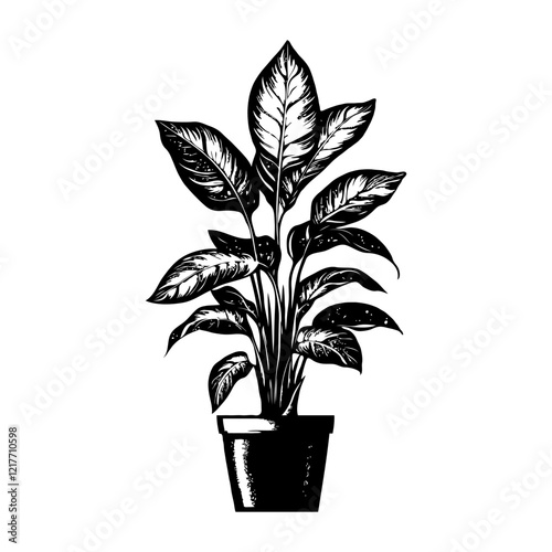 Hand-drawn black and white illustration of a potted plant with detailed leaves on a white background. Dieffenbachia