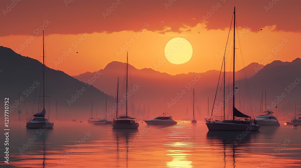 A serene sunset over a harbor filled with boats and mountains in the background. Serene Harbor. Illustration A serene sunset over a harbor filled with boats and mountains in the background. Serene Harbor. Illustration