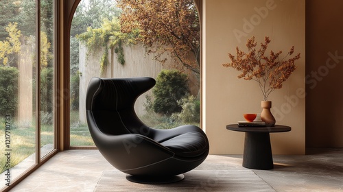 Modern black chair with minimalist decor in elegant interior living space und...