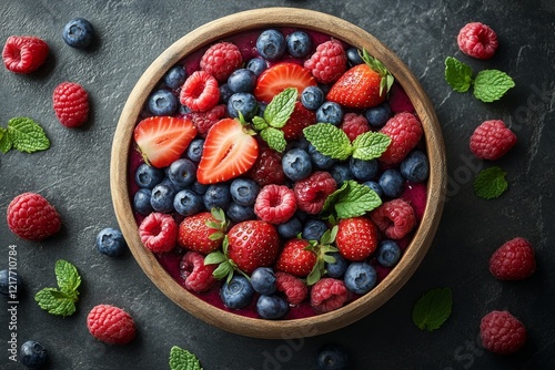 Fresh fruit smoothie bowl with strawberries, blueberries, and raspberries gar...