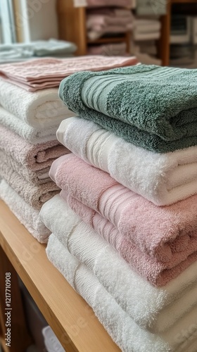 Soft towels stacked neatly on a wooden table near a sunlit window in a cozy room