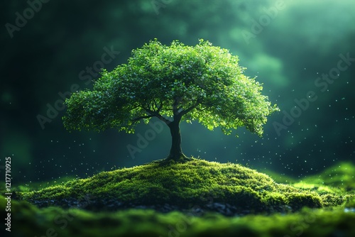 Serene green tree on a mossy hill illuminated by soft light in a tranquil for...