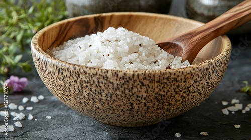 Fresh sea salt in a wooden bowl beside rosemary and ingredients on a kitchen ...