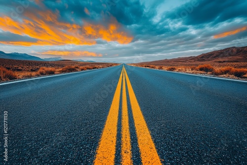 Vibrant sunset painting the sky with colors over an open road stretching towa...