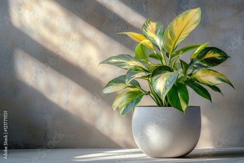 Fresh green plant in modern pot illuminated by natural sunlight on a minimali...