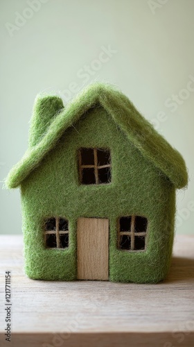 Miniature straw house with grassy roof on wooden surface in a bright indoor s...