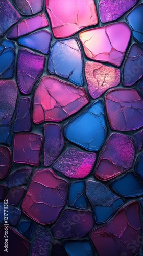 Colorful abstract pattern of woven blocks in purple and blue hues displayed o...
