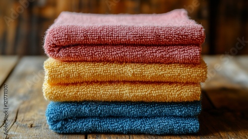 Colorful stack of folded towels displayed on rustic wooden table in a home de...