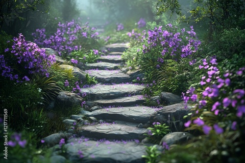 Beautiful stone pathway lined with purple flowers in a serene garden setting