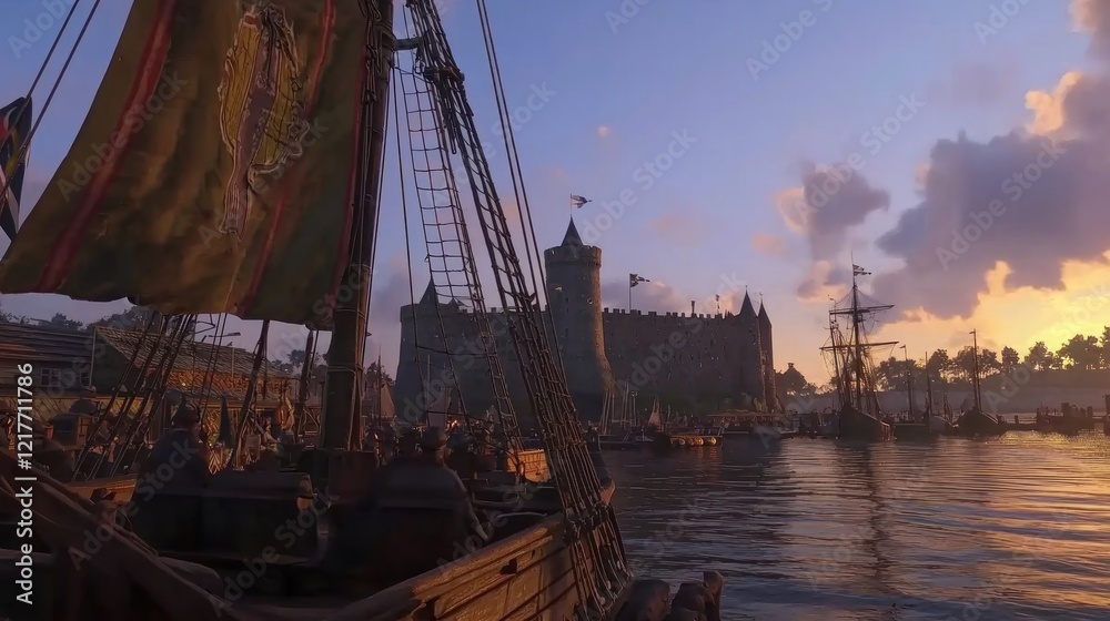 Naklejka premium Medieval harbor sunset; ship approaching castle