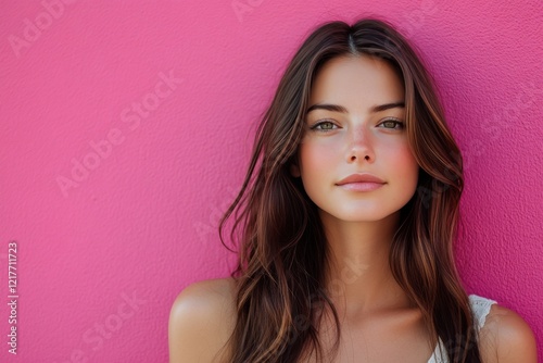 Portrait of a woman with long hair against a vibrant pink wall in bright dayl...