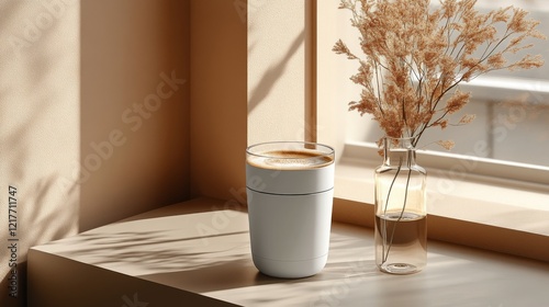 Modern copper coffee grinder on a wooden table with coffee beans in a bowl ne...
