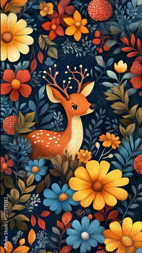 Brightly colored deer among vibrant flowers in a whimsical forest setting