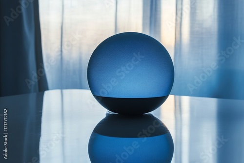 Decorative blue orb casting soft light on a reflective surface in a serene in...