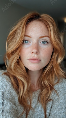 Stunning portrait of a woman with flowing red hair and radiant skin captured ...