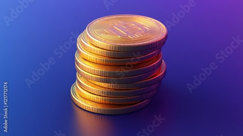 Stacked golden coins reflecting light on a smooth blue surface in a minimalis...
