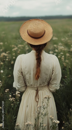 Woman in a black dress stands in a field of flowers under a blue sky with a s...