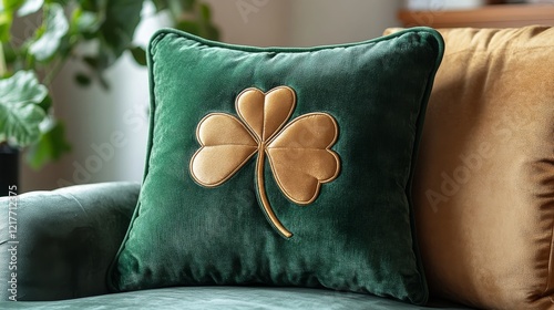 Elegant green velvet pillow with a shamrock design displayed on a cozy bed in...