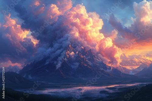 A volcano erupts as the sun sets, casting a warm glow on the landscape