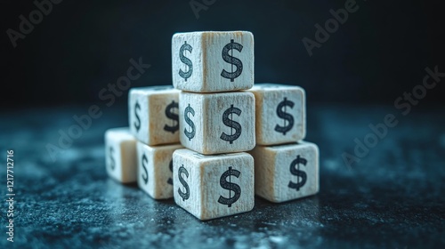 Stacked money blocks showcasing dollar signs on a pastel background with soft...