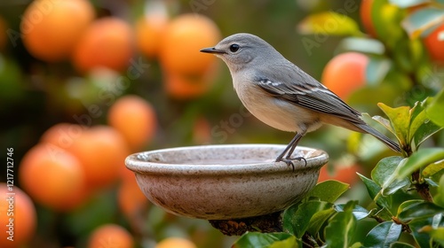 Bird perched on birdbath during sunset surrounded by soft glowing light