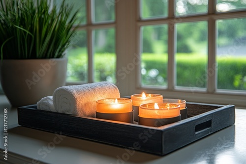 Soft towels and candles arranged on a tray beside a window in a serene bathro...