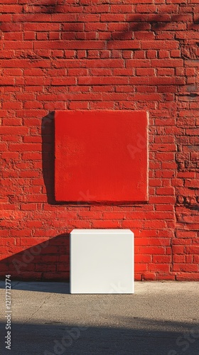 White box against a vibrant red brick wall in a city setting during daylight ...