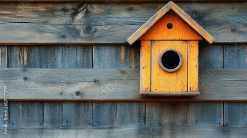 Rustic birdhouse mounted on wooden wall casting shadows in warm sunlight
