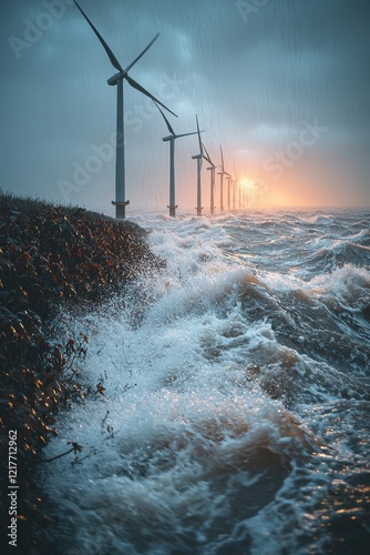 Wind turbines stand against a turbulent sea at sunset with dark clouds and crashing waves during a stormy evening photo