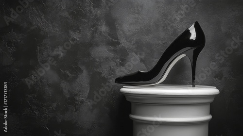 Elegant black high heel shoe displayed on a white pedestal against a textured...