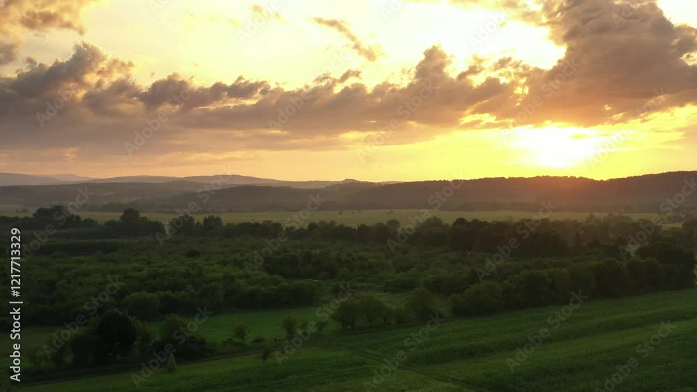 Aerial view of beautiful forest and green meadows. Drone flying over field in the countryside. Incredible rural landscape with a beautiful sunset. Aerial view of beautiful forest and green meadows. Drone flying over field in the countryside. Incredible rural landscape with a beautiful sunset.