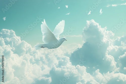 White dove soaring among colorful clouds at sunset in a serene sky