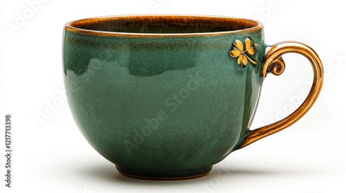Decorative green ceramic cup with floral design in natural light setting