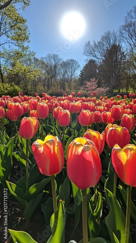 Vibrant tulip field under a bright sun with fluffy clouds in a clear blue sky...