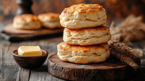Freshly baked biscuits with butter served on a wooden board in a cozy kitchen...