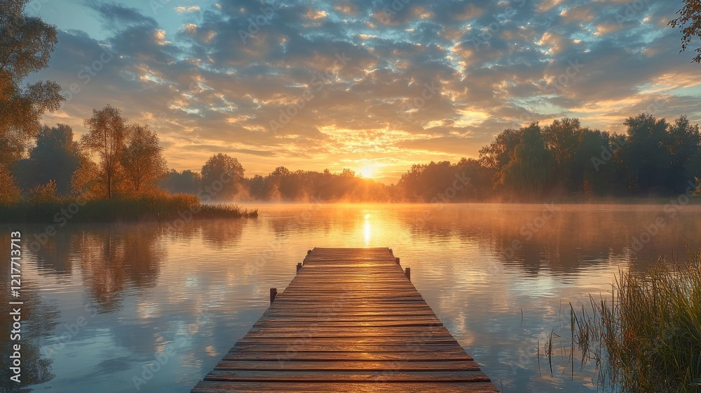 Obraz premium Serenity at the wooden dock on a calm river surrounded by autumn foliage in a forested area