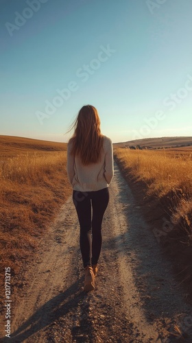 Young woman walking along a dirt path through golden fields on a sunny day