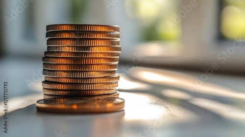 Silver coins stacked on a wooden surface illuminated by sunlight in a minimal...