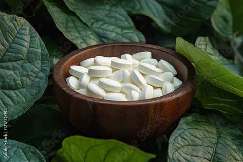 White herbal pills resting in a wooden bowl surrounded by green leaves on a n...