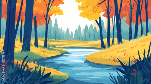 River meandering lazily through a shaded glade filled with tall trees and colorful foliage, shaded glade, soothing ambiance. Shaded Glade. Illustration