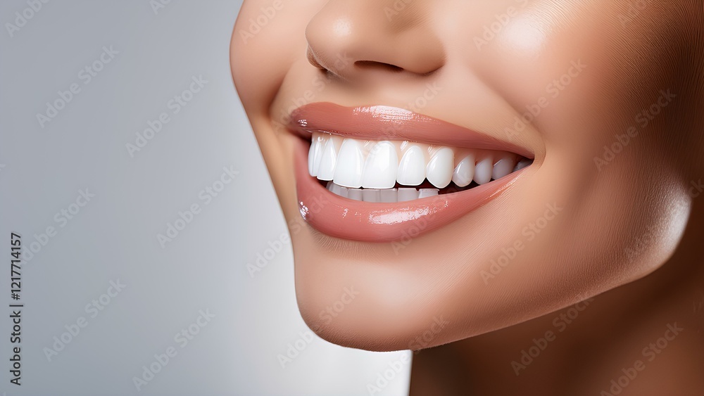Obraz premium A radiant feminine smile adorned with dazzling veneers that highlight excellent dental health and hygiene. Ideal for dental illustrations, this image represents confidence and beauty in oral care.