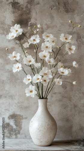 Elegant white flowers arranged in a vase against a textured blue background