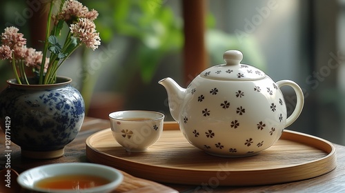 Enjoying a peaceful afternoon tea with delicate cups and a floral teapot on a...