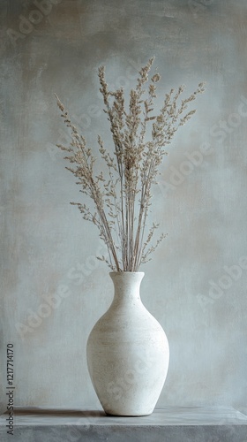 Modern white vase with dry branches displayed against a minimalist backdrop i...