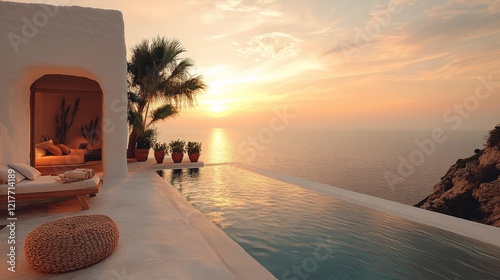 Stunning sunset view from luxury villa with infinity pool overlooking the coa...