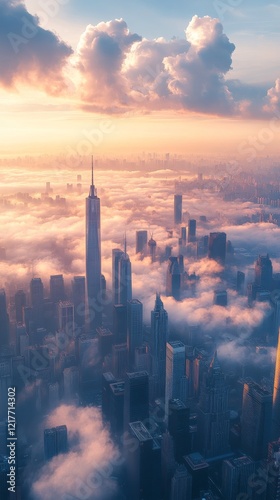Majestic skyline of New York City enveloped in clouds during sunrise