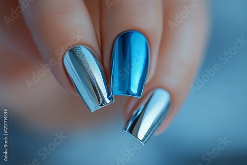 Metallic blue and silver nail art design showcasing modern manicure techniques