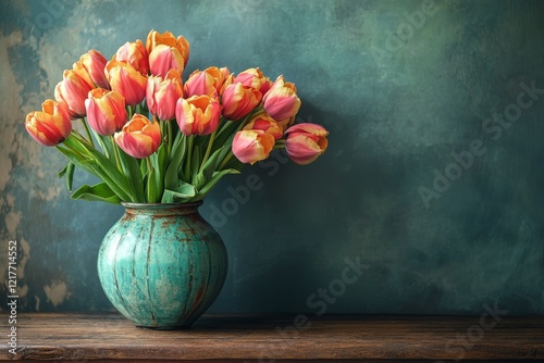 Vibrant tulips in a turquoise vase against a textured backdrop