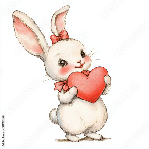 Vintage retro white bunny illustration for a kitsch Valentine’s Day card, isolated clipart on a white background photo