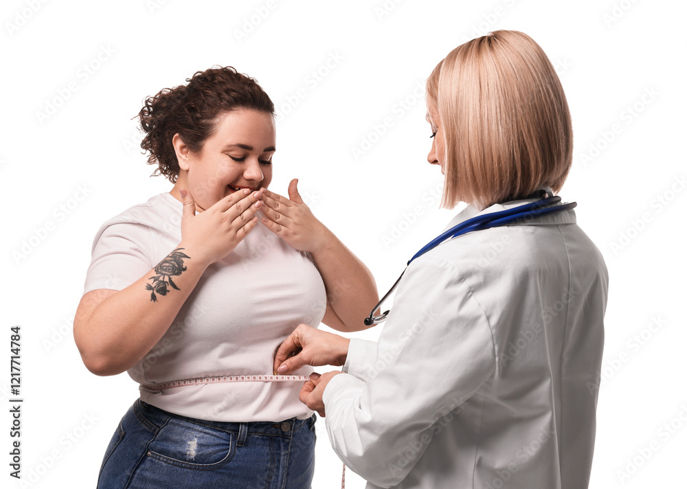 Weight loss. Nutritionist measuring patient's waist with tape on white background Weight loss. Nutritionist measuring patient's waist with tape on white background